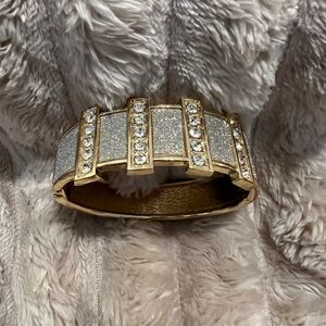 Gold-Tone Bangle Bracelet with Silver Glitter Panels and Clear Crystals NWOT